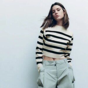Zara Striped Cropped Sweater Knit Size S Black Ivory Pullover